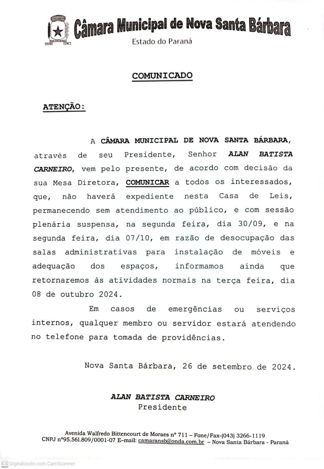 COMUNICADO - SUSPENSÃO DE ATENDIMENTO AO PÚBLICO E SESSÕES PLENÁRIAS